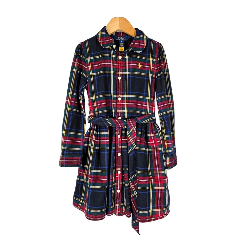 POLO RALPH LAUREN GIRL'S BLUE/RED W/ YELLOW/WHITE STRIPES PLAID DRESS  - SIZE 4